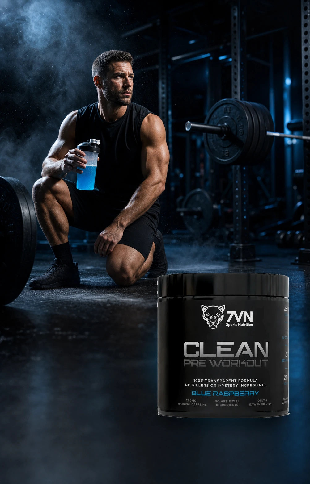 Adult athlete using blue pre-workout with 7VN CLEAN Pre Workout tub